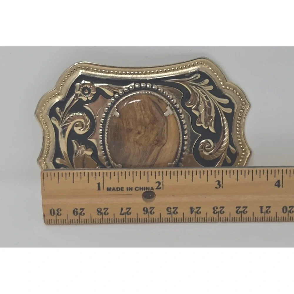 Vintage Western Belt Buckle Two Tone Gold Black Wood-Grain Cabochon Inlay
